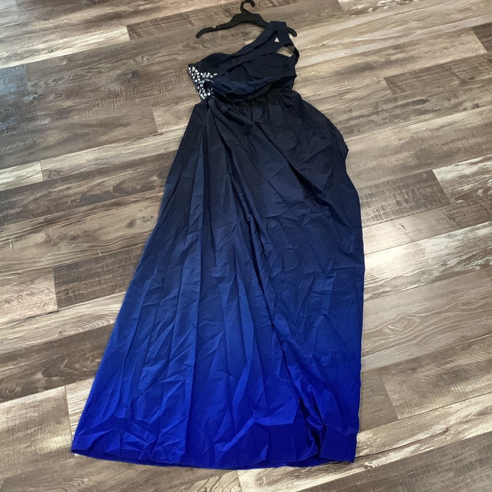 Beautiful faded blue to navy dress with rhinestone design on side